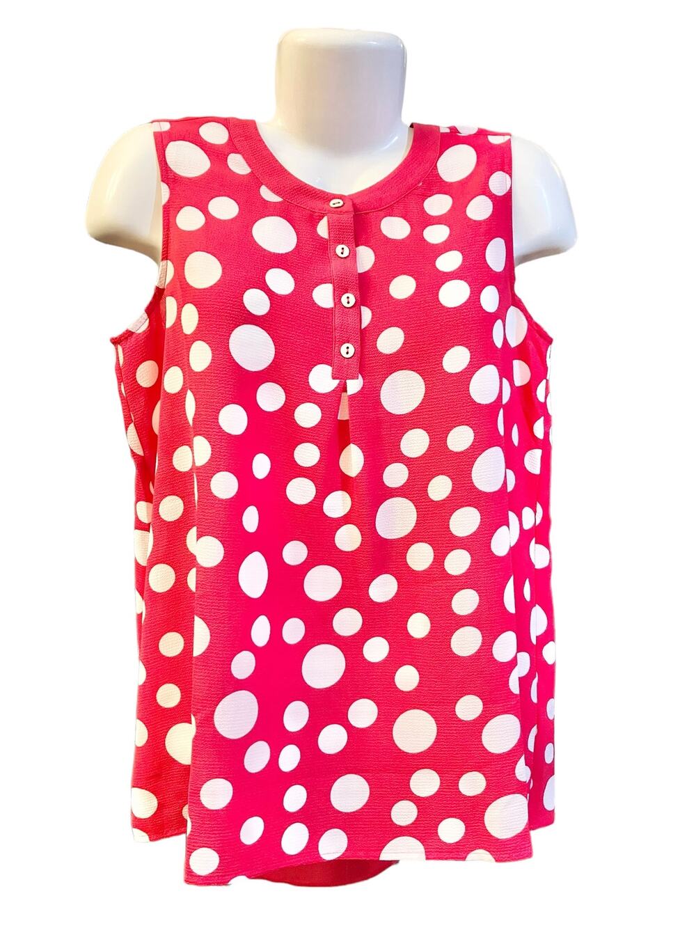 Susan Graver Women's Pink/White Polka Dot Stretch Woven Sleeveless Top | Size 8